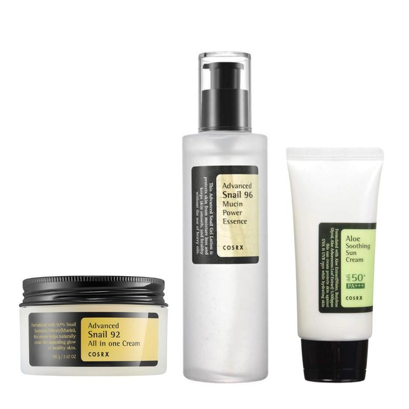 Cosrx Bundle Snail Essence, All in One Cream & Aloe Suncream Lightweight Moisture Nourishing Skincare Hydrate Hydrating Soothing Sunscreen