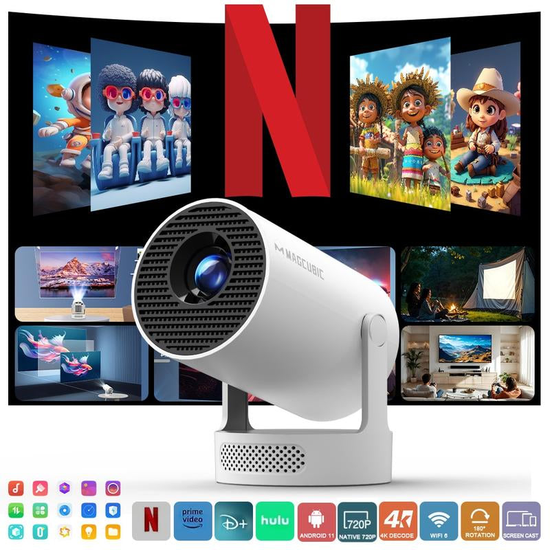 [US Warehouse] Magcubic Hy300Pro+ Android 11 Mini Projector 4K Videosource Supported 290ANSI 0.9:1 Short Projection Throw Ratio Native 1280*720P WIFI6 BT5.4 Android11 Built-In Speaker & Appstore Allwinner H713 Home Cinema Smart Projector Upgraded Hy300Pro