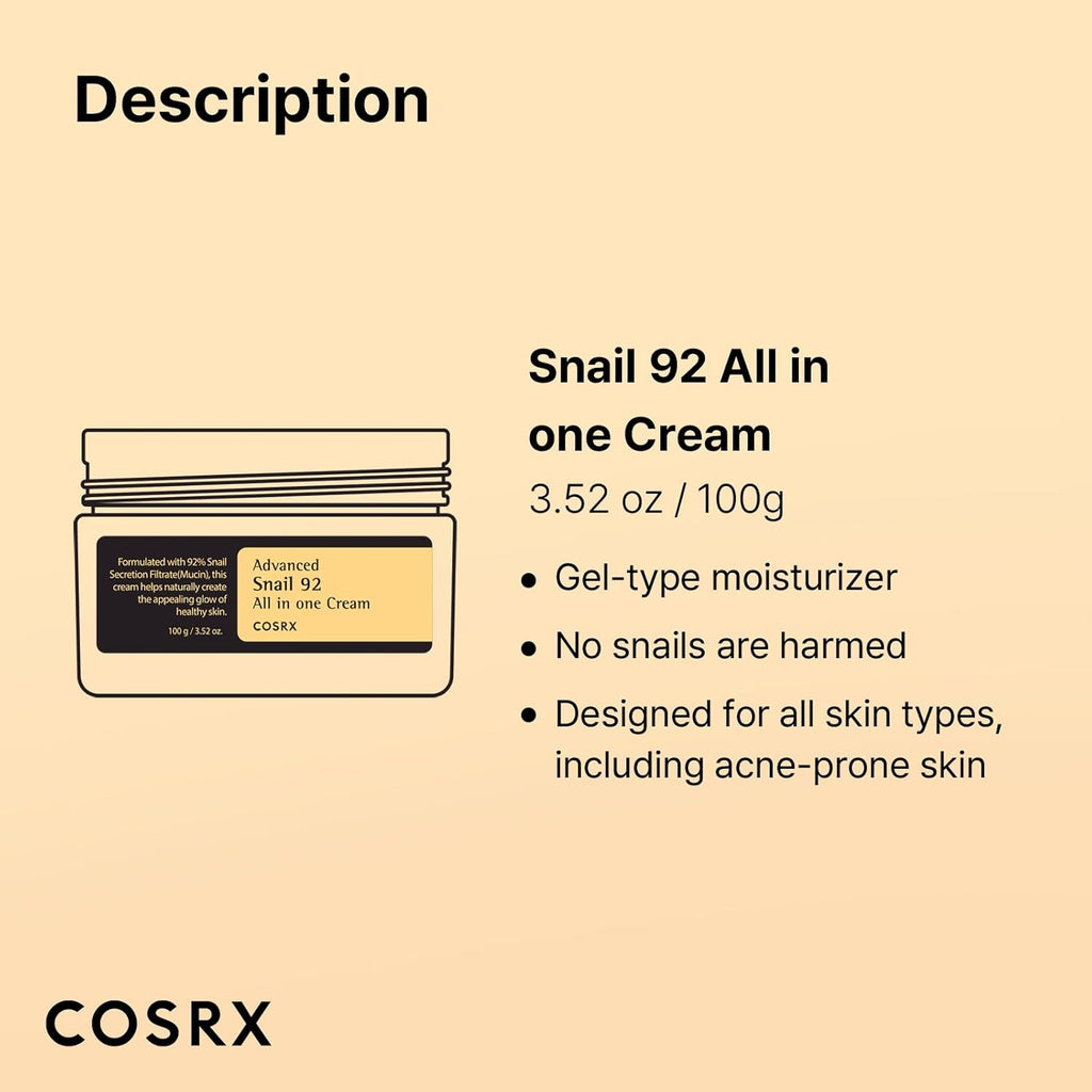 Advanced Snail 92 All in One Cream Korean Snail Mucin Face Cream & Gel Moisturiser for Dry Sensitive and anti Aging Skin, Daily Soothing and Moisturising Cream, Korean Skincare 100G
